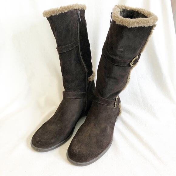 Stuart Weitzman dark brown suede fur trim buckle tall boots size 7.5 M - Picture 16 of 16
